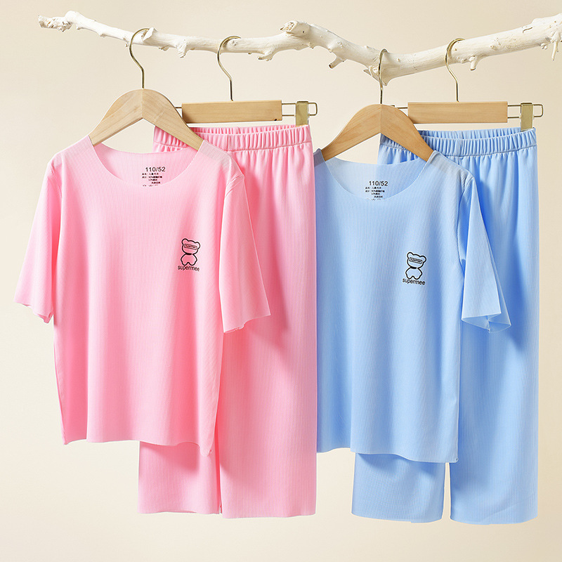 冰丝儿童睡衣夏季女童家居服套装批发男童宝宝中大童空调服详情2