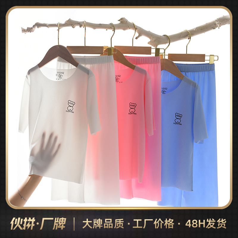 冰丝儿童睡衣夏季女童家居服套装批发男童宝宝中大童空调服详情1