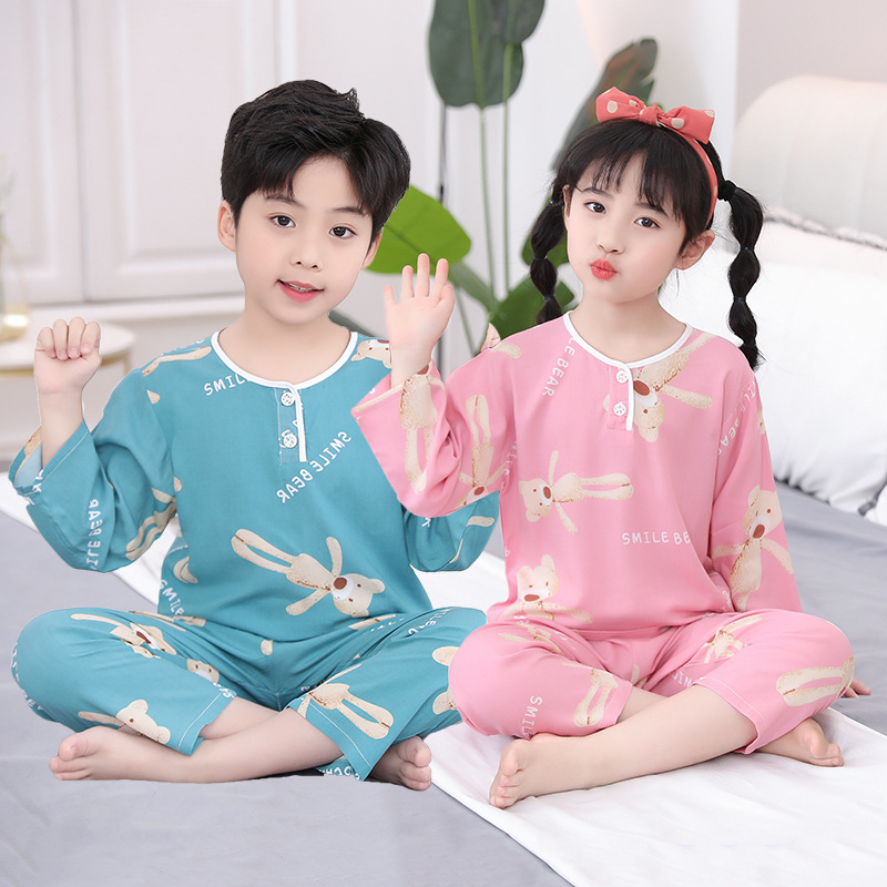 新款儿童绵绸睡衣夏季薄款男童女童棉绸长袖套装童装童家居服详情1