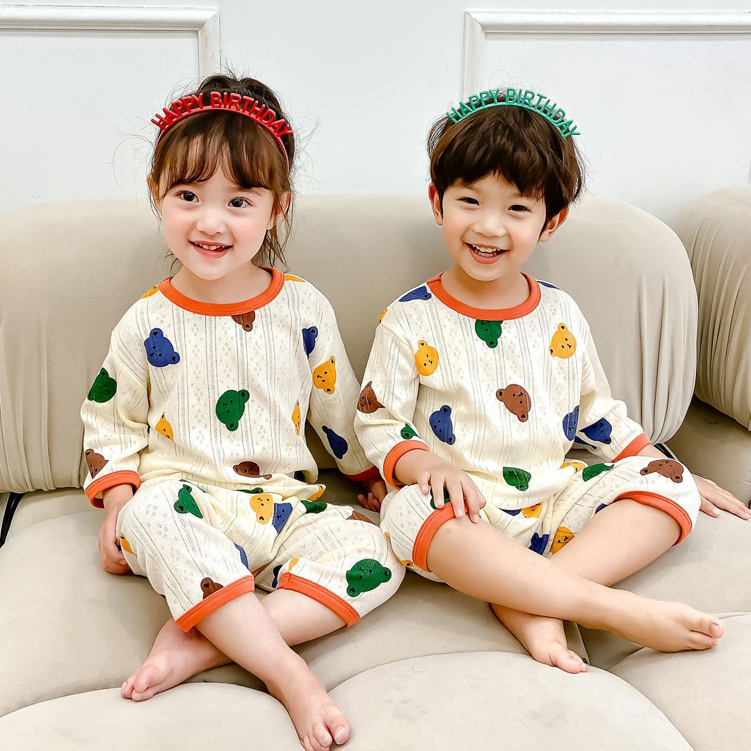 夏季儿童韩版中袖家居服套装纯棉舒适透气男女童宝宝睡衣空调服潮详情2