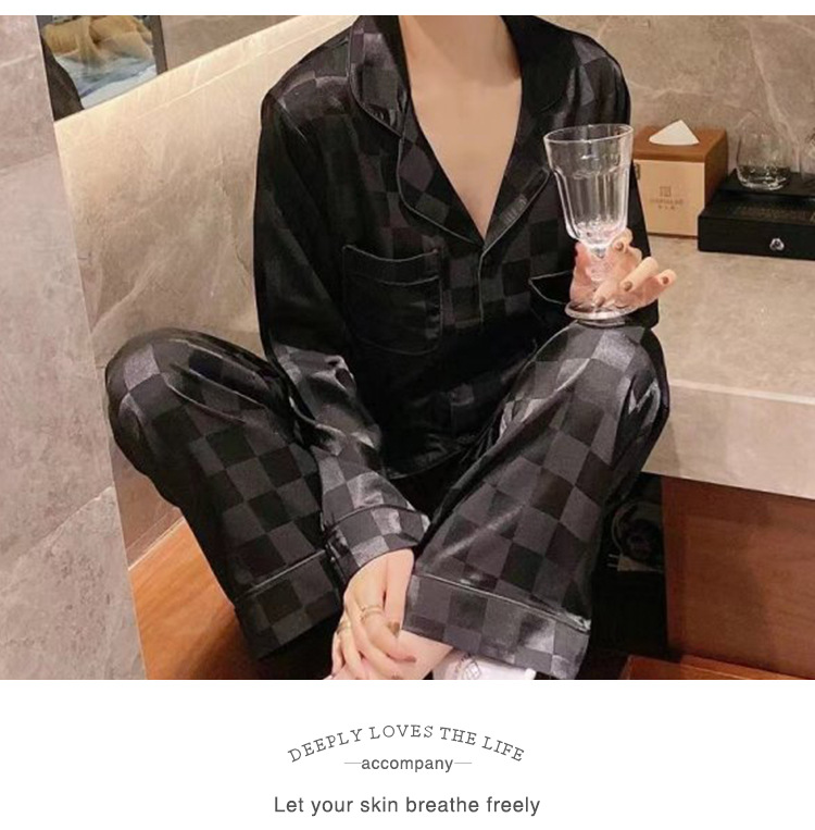 2022新款睡衣女冰丝格子女士薄款印花长袖长裤家居服厂家直销批发