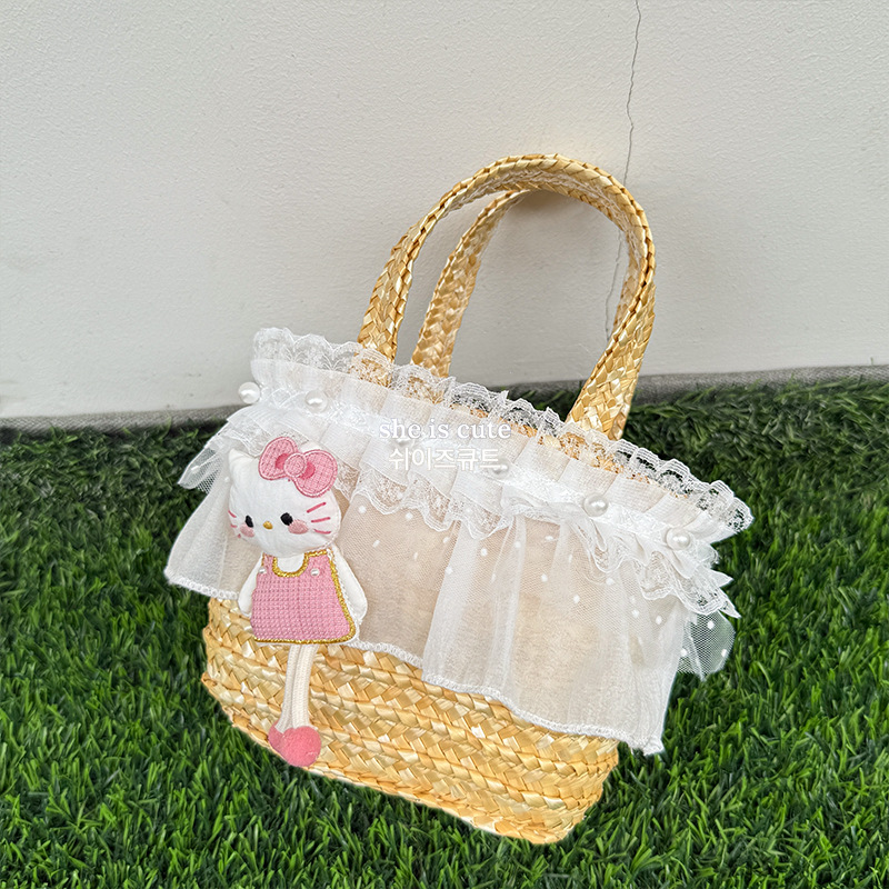夏季原创草编包包女软萌卡哇伊水桶包轻便手提女包甜美挂饰手工篮详情11