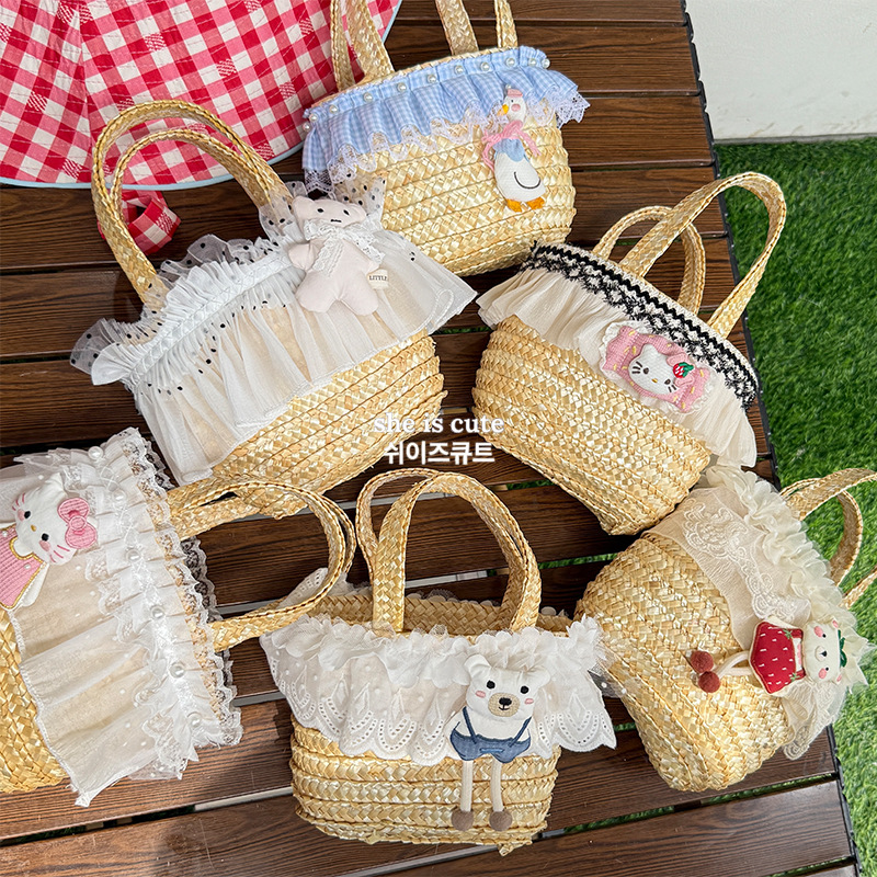 夏季原创草编包包女软萌卡哇伊水桶包轻便手提女包甜美挂饰手工篮详情8