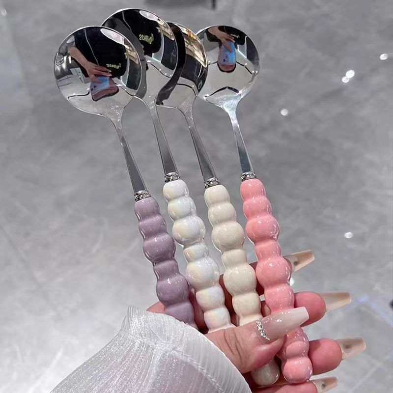 四色珍珠不锈钢勺子陶瓷手柄家用西餐餐勺高颜值少女心圆勺调羹详情1