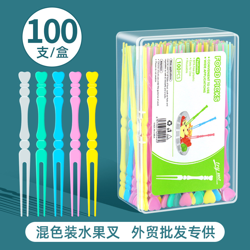 跨境货源水果叉大盒100支混色装家用竹节水果签大号商超甜点叉子详情1
