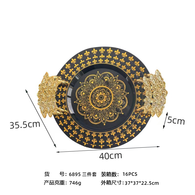 圆形烫金黑色托盘厂家批发北欧轻奢果盘茶盘高级酒店托盘欧式盘子详情8