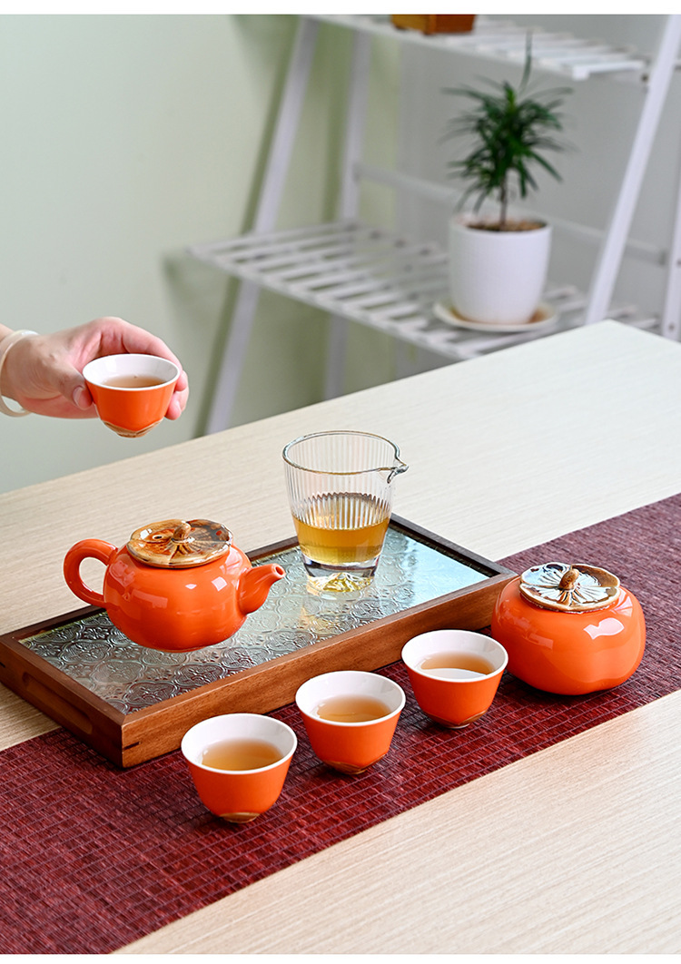 高档柿子茶具事事如意套装橙色茶壶礼盒陶瓷套组全套功夫茶具礼品详情9