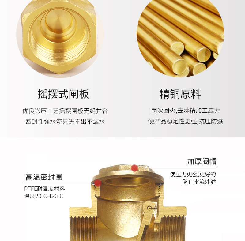 黄铜加厚卧式止回阀止逆阀单向阀丝扣逆止阀单向阀全铜旋启式6分详情7