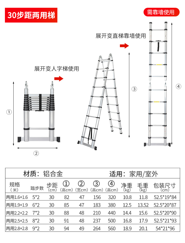 升降铝合金家用折叠楼梯关节人字梯单面直梯竹节梯收缩工程梯详情18