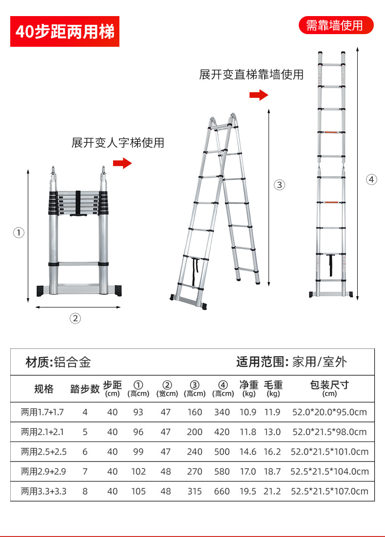 升降铝合金家用折叠楼梯关节人字梯单面直梯竹节梯收缩工程梯详情20