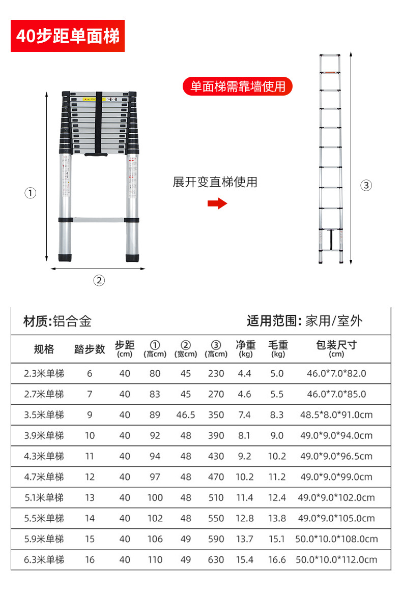 升降铝合金家用折叠楼梯关节人字梯单面直梯竹节梯收缩工程梯详情19