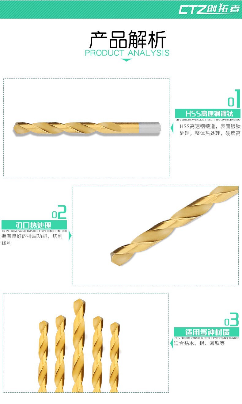 镀钛高速钢麻花钻头手电钻直柄不锈钢钻头普长金属钻头1-3.3淳枫详情2