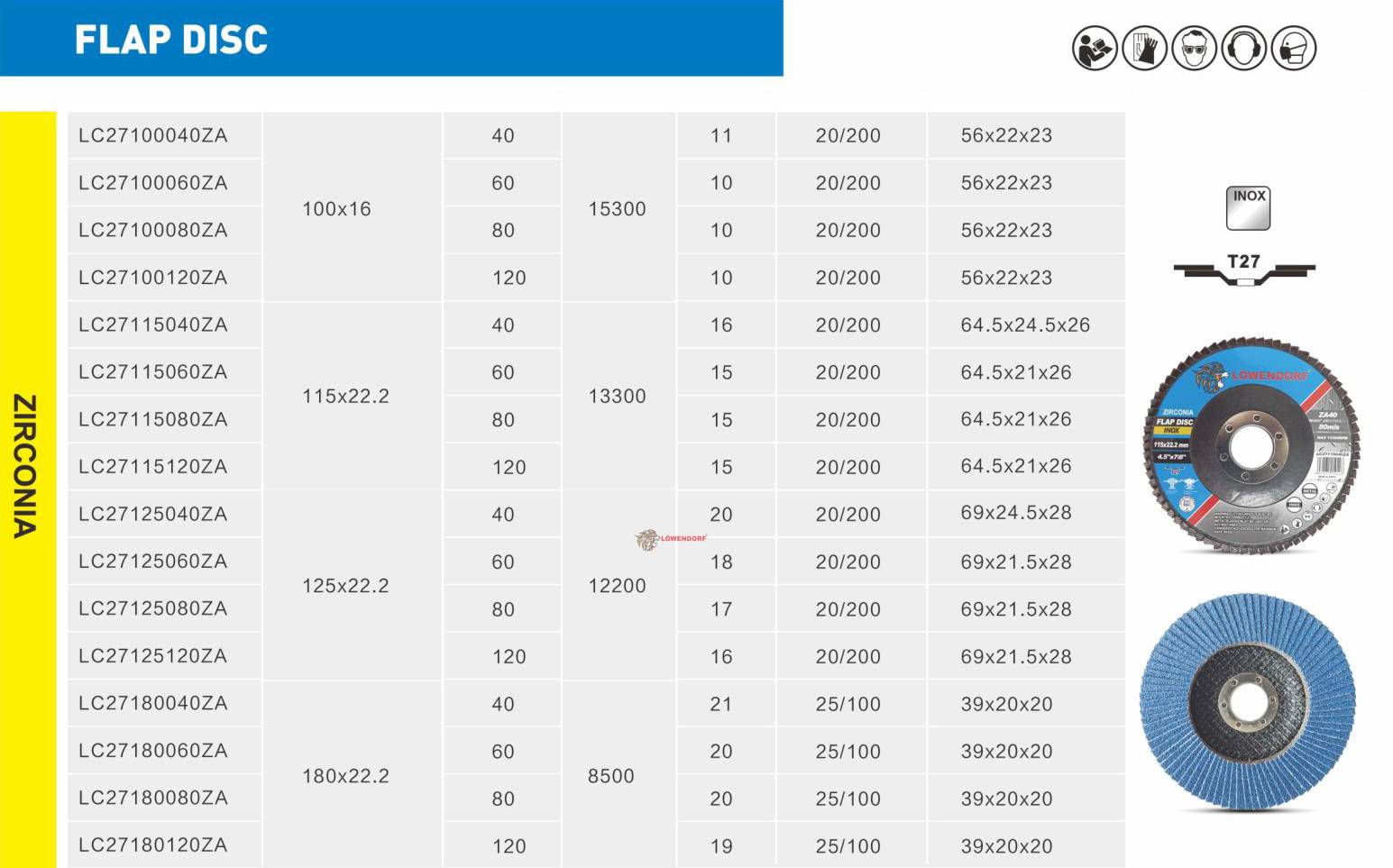 LOWENDORF百叶轮100*16  T27 Flap Disc (Zirconia)加厚平面砂布轮金属不锈钢详情1