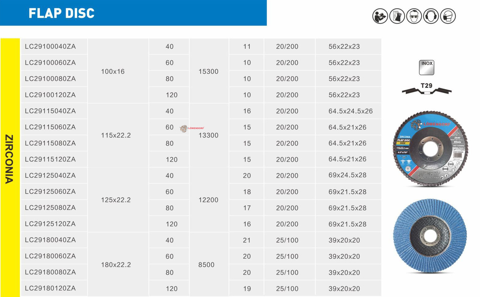 LOWENDORF百叶轮100*16  T29 Flap Disc (Zirconia)加厚平面砂布轮金属不锈钢详情1