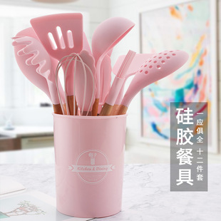 跨境热销木柄厨具12件套 FDA硅胶不粘锅烹饪铲勺烘焙套装带收纳桶详情4