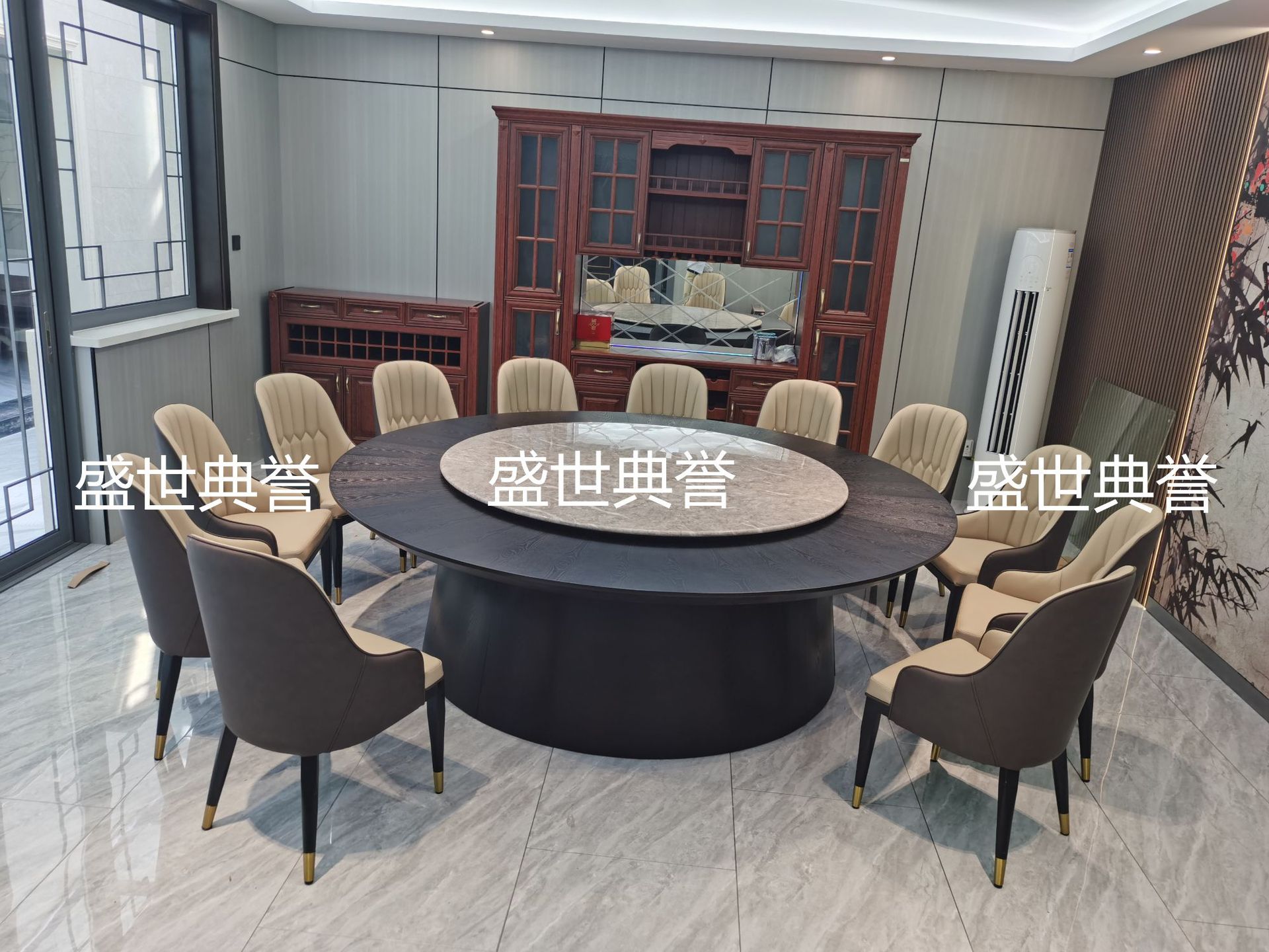 常州宴会酒店实木电动餐桌海鲜餐厅包厢自动转盘餐桌会所轻奢餐桌详情13