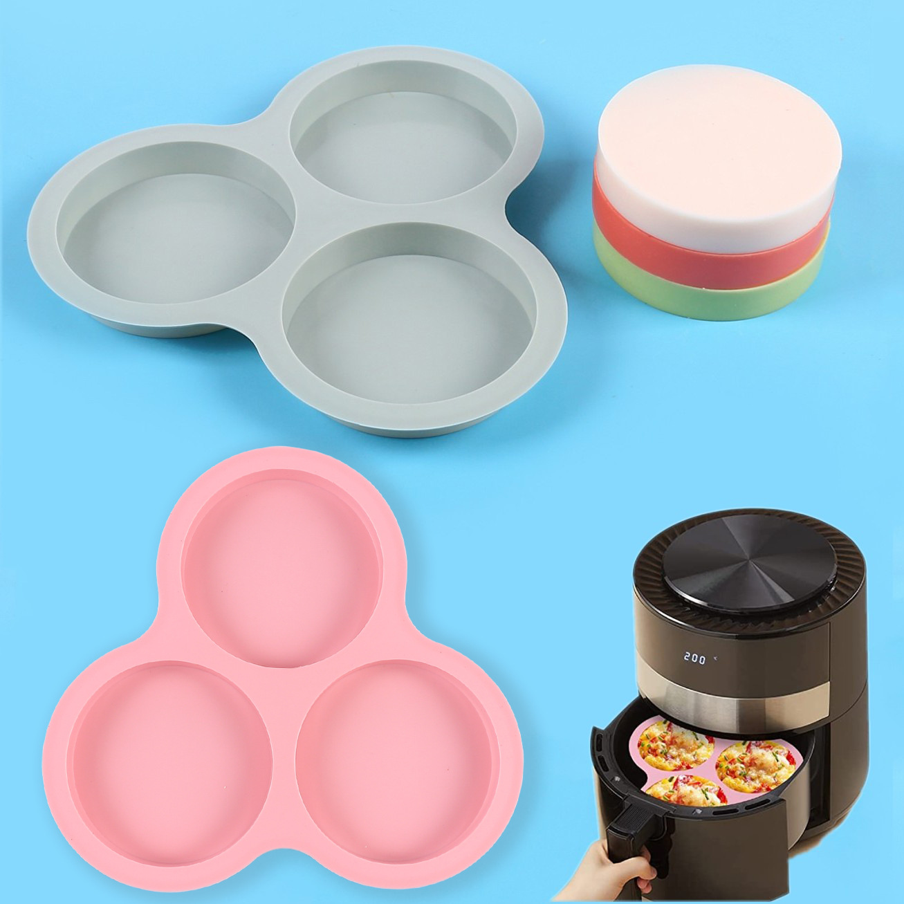 DIY烘焙硅胶工具圆形4寸蛋糕模具 3连圆柱造型DIY彩虹披萨烤盘详情3