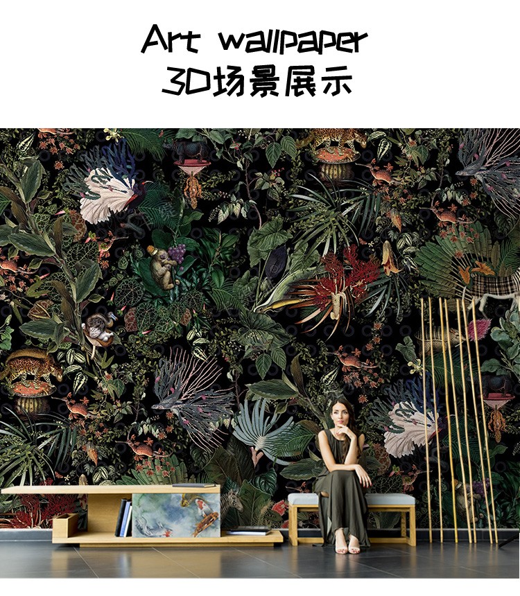 进口美式动物墙纸背景墙电视壁布法式酒店房卧室餐厅复古壁画2023详情1