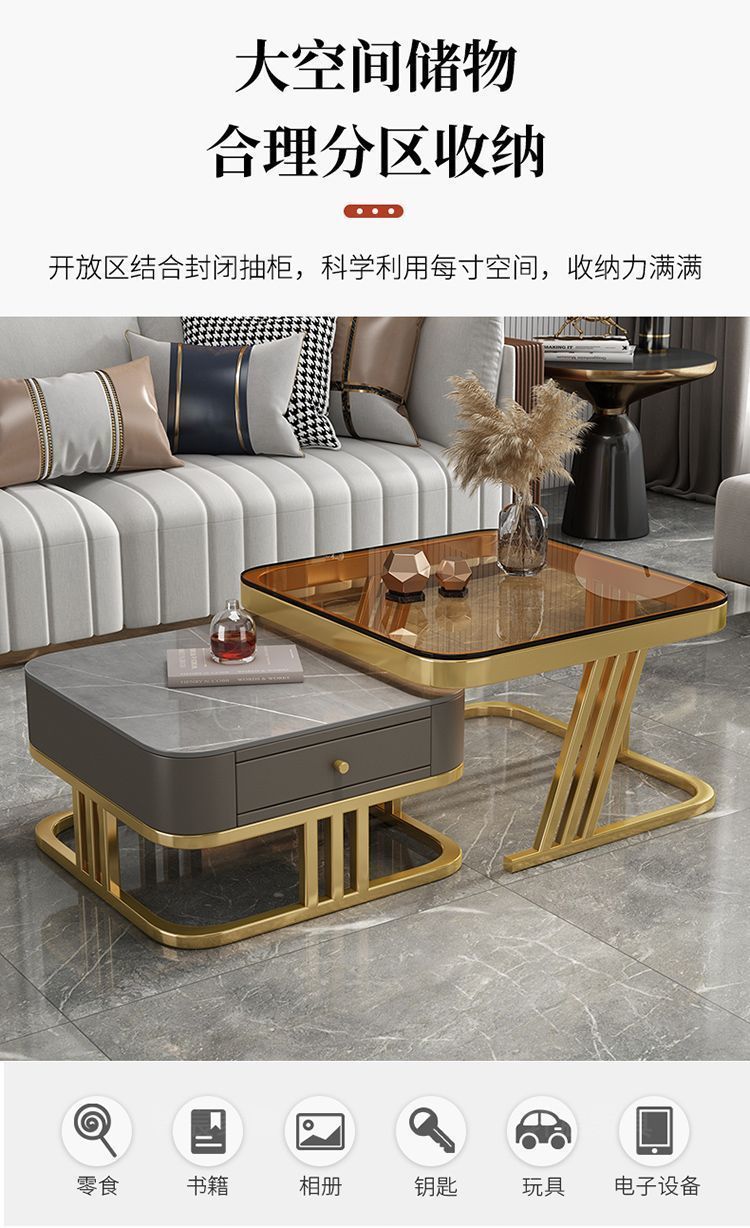 意式轻奢茶几亮光岩板客厅家用小户型大小方形组合现代伸缩茶几桌详情4