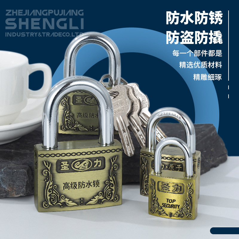 锌合金古铜色原子铜芯挂锁月牙钥匙防水防锈锁老式户外挂锁链条锁详情1
