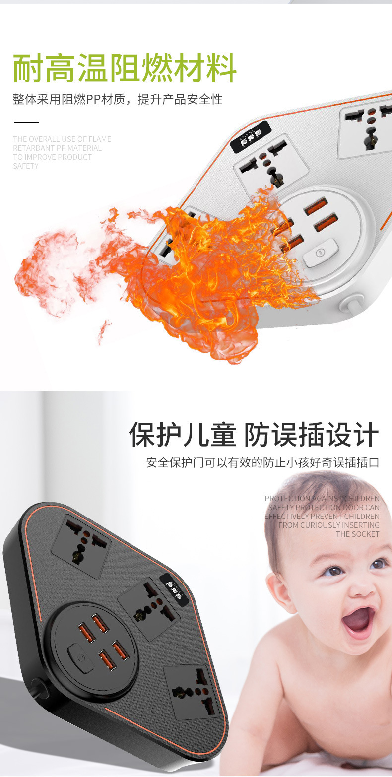 4USB支持QC3.0快充PC阻燃防火阻燃材质排插详情3