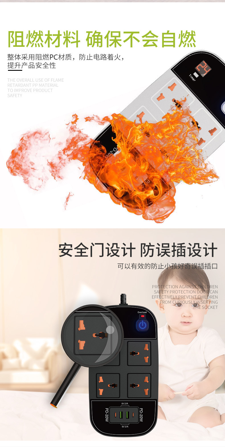 双PD快速充电智能带超载防触电排插办公定时插座详情3