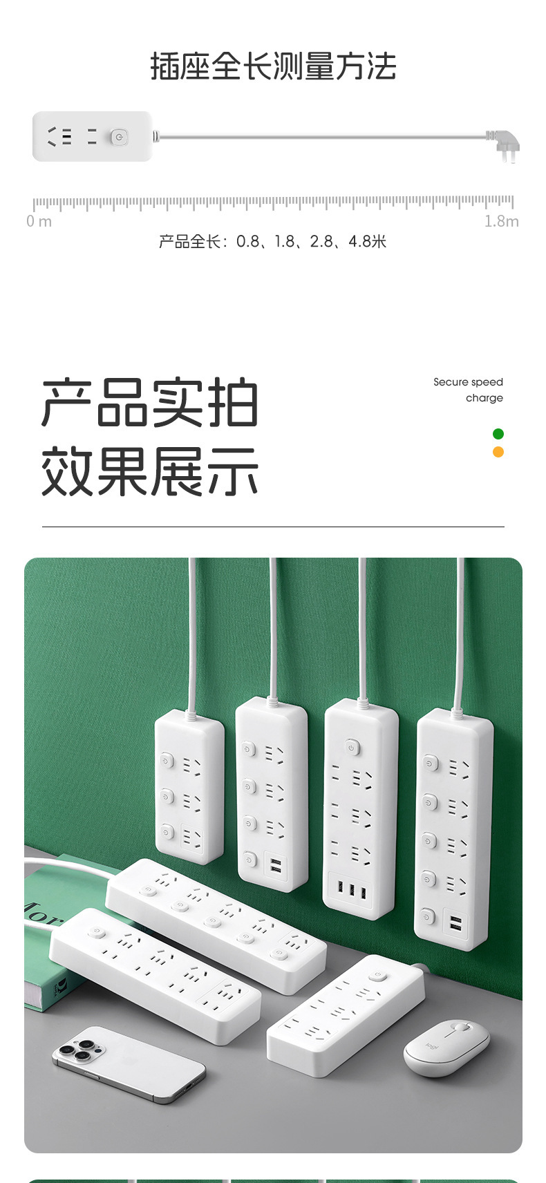 小米款排插家用USB插座接线板宿舍办公插板插线板一转多孔排插板详情20