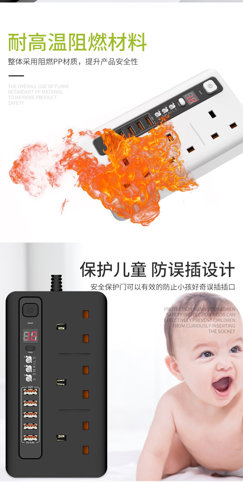 英式专用5USB定时插座插座智能识别充电口PC防火阻燃接线拖板详情3