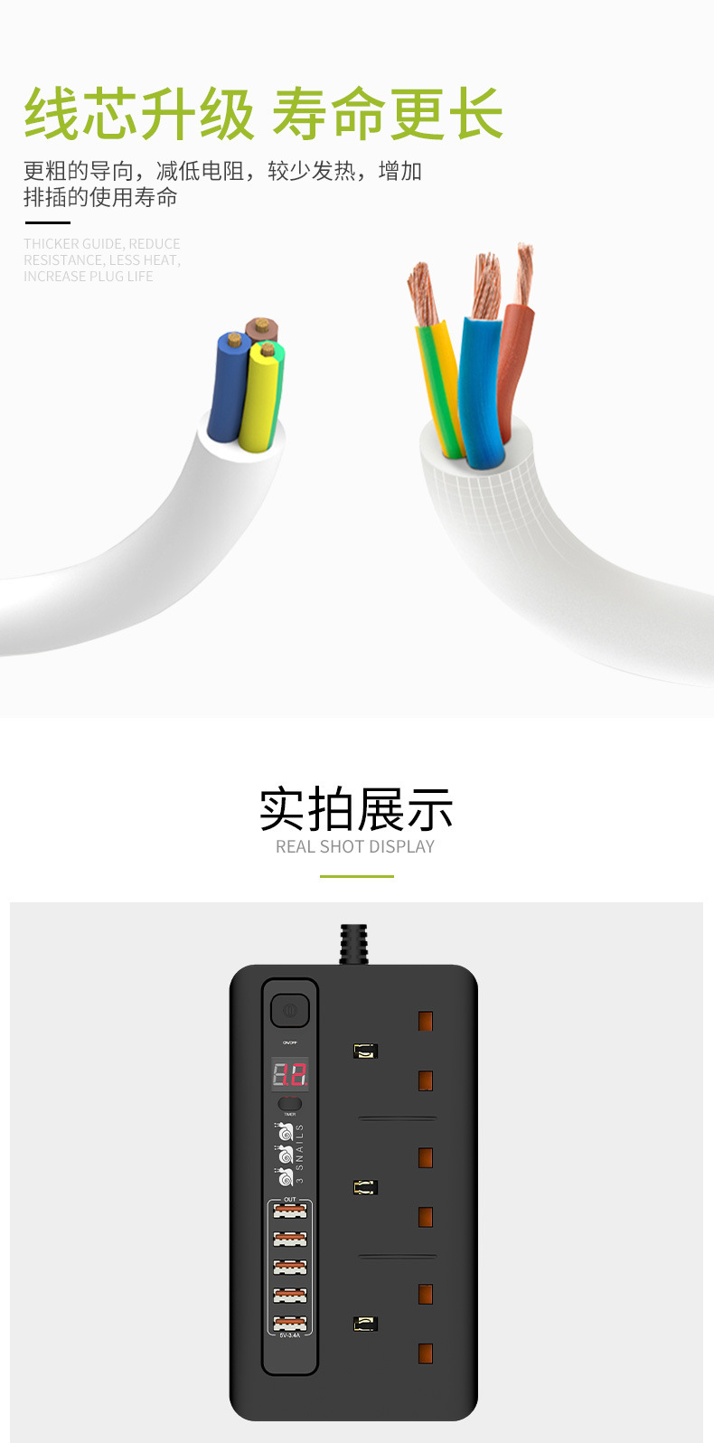 英式专用5USB定时插座插座智能识别充电口PC防火阻燃接线拖板详情4