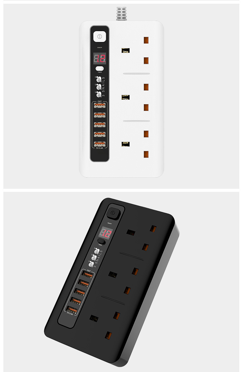 英式专用5USB定时插座插座智能识别充电口PC防火阻燃接线拖板详情5