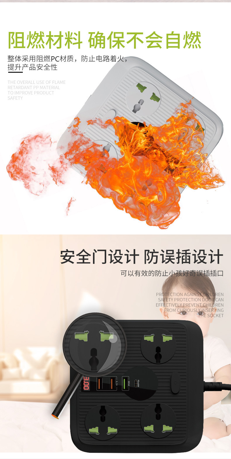 家用智能显示电流PD20W大功率排插插座 方形创意简约usb接线板详情3
