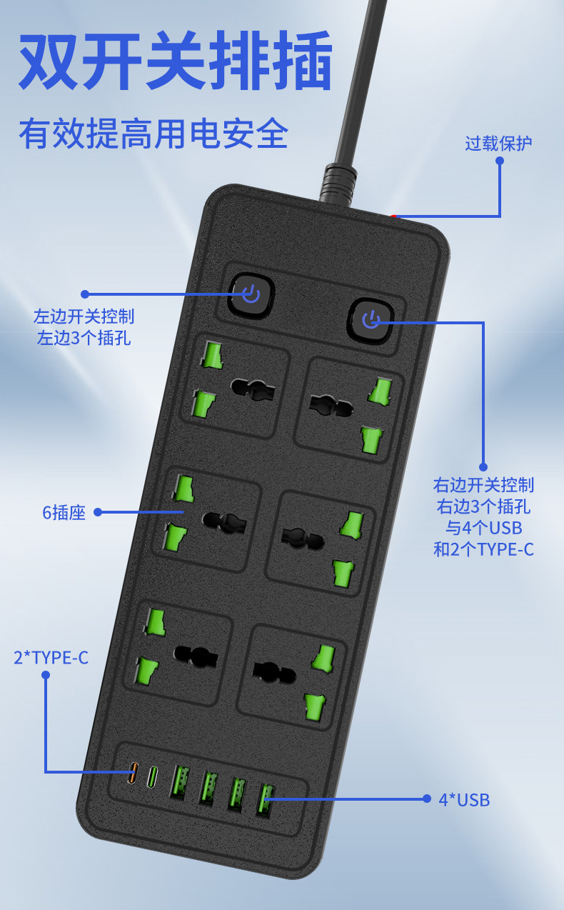 多USB插排外贸双开关插座多口PD拖线板5米供应新加坡230V英规排插详情4