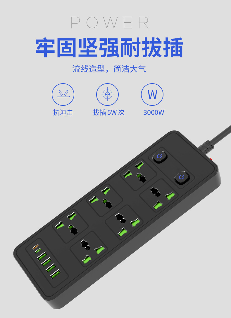 多USB插排外贸双开关插座多口PD拖线板5米供应新加坡230V英规排插详情11