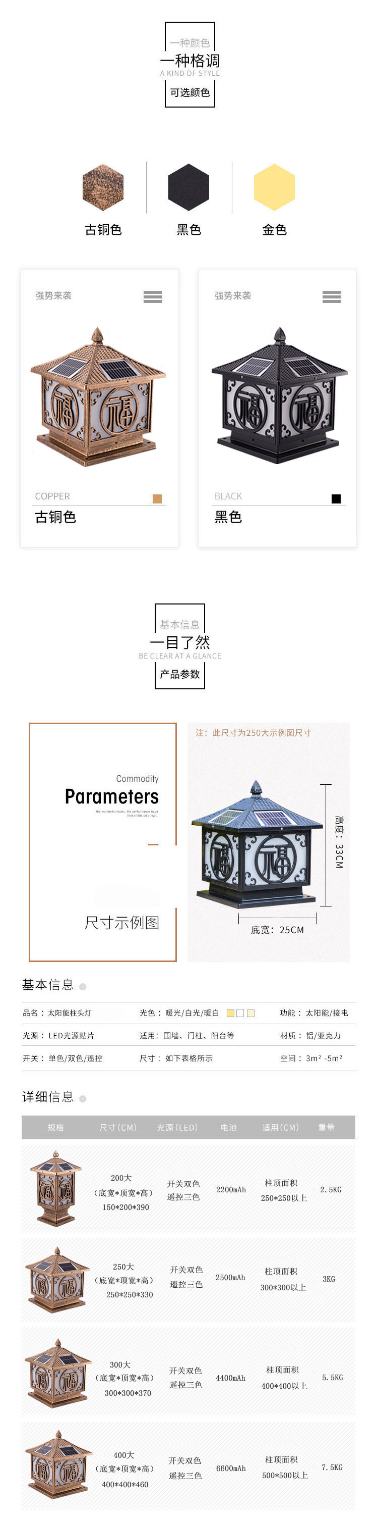 太阳能柱头灯 户外led方形柱子灯 庭院花园小区别墅围墙大门柱灯详情2