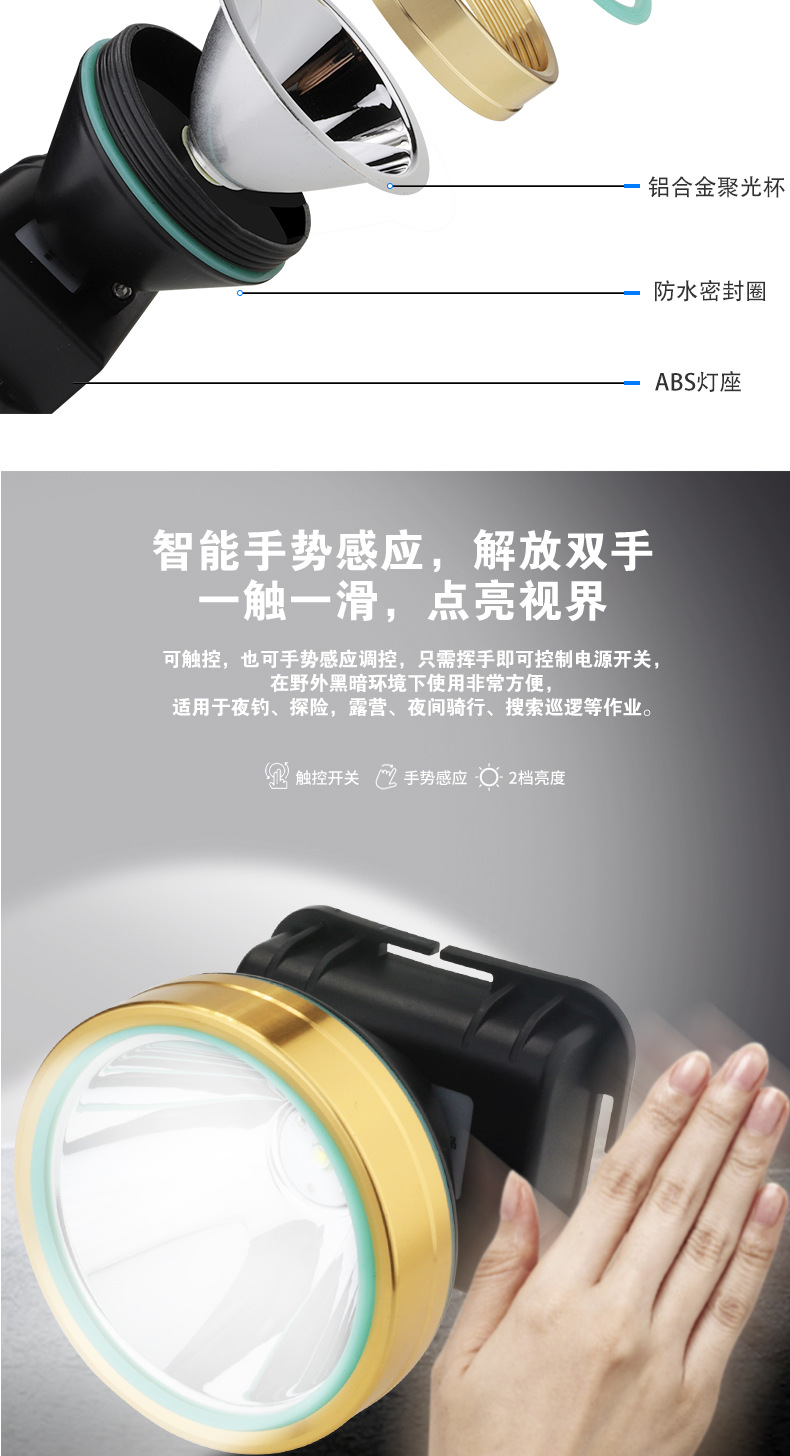 厂家直销 LED强光头灯防水头戴式夜钓钓鱼灯可充电户外 感应头灯详情5