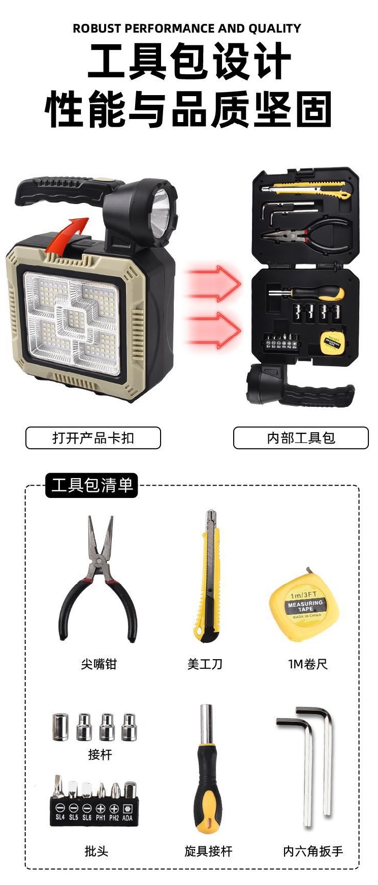 太阳能手提探照灯工具包手电筒LED强光露营帐篷灯家用维修COB应急灯USB充电工作灯多功能手提工具箱户外便携探照灯详情2