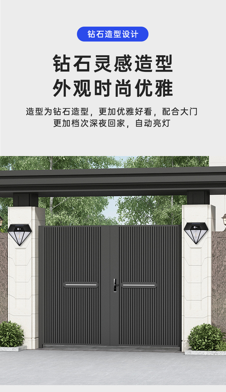 厂家供应太阳能人体感应壁灯 钻石造型感应太阳能灯YU-1008太阳能板庭院灯Lighter灯具灯饰详情3