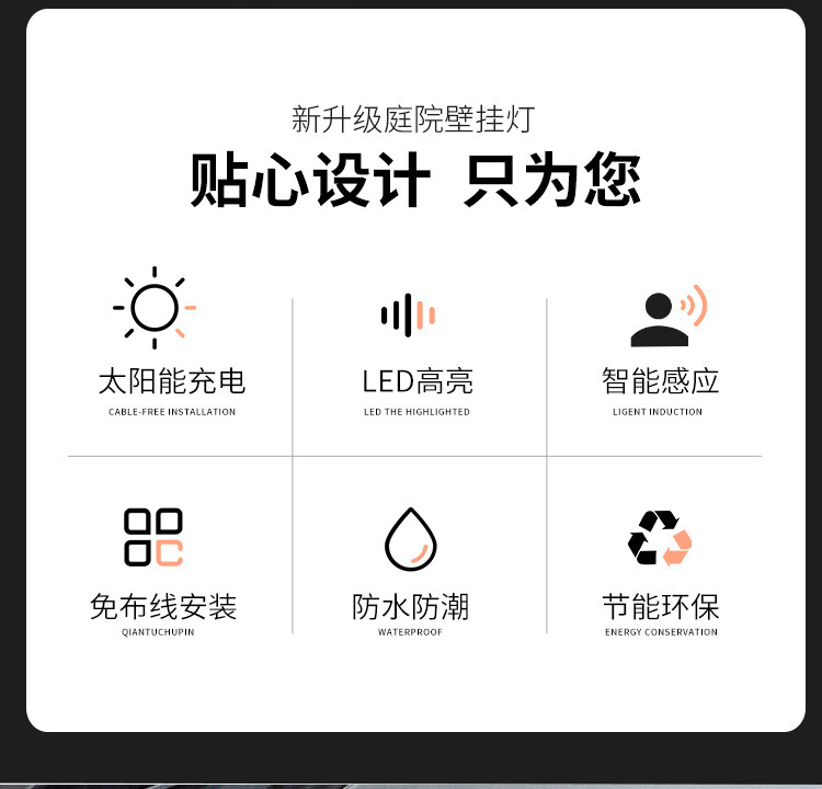 跨境100led太阳能壁灯人体感应光控防水庭院灯户外小路灯太阳能灯详情5
