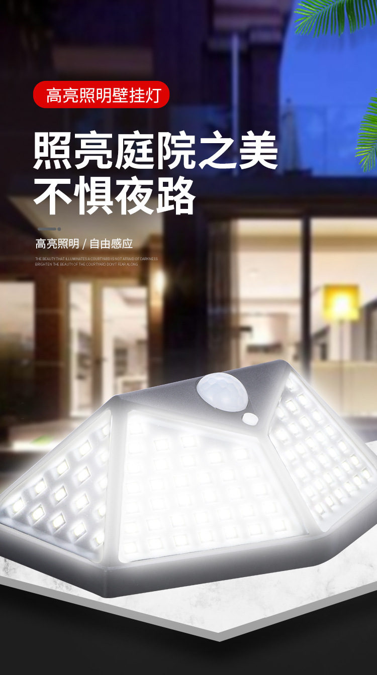 跨境100led太阳能壁灯人体感应光控防水庭院灯户外小路灯太阳能灯详情4