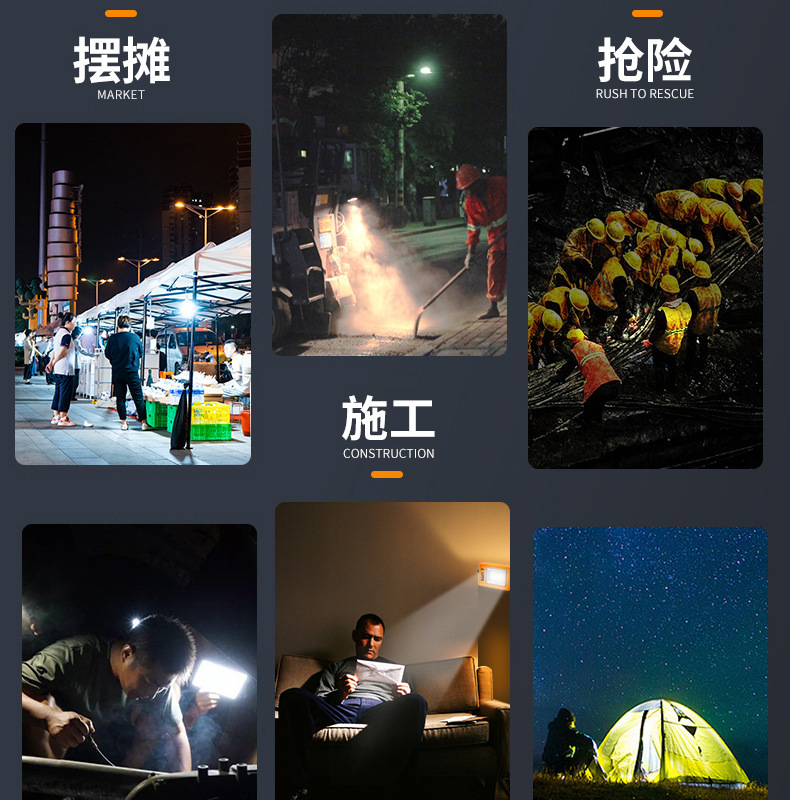 太阳能充电LED警示投光灯手提便携户外露营工作灯夜市摆摊照明灯详情4