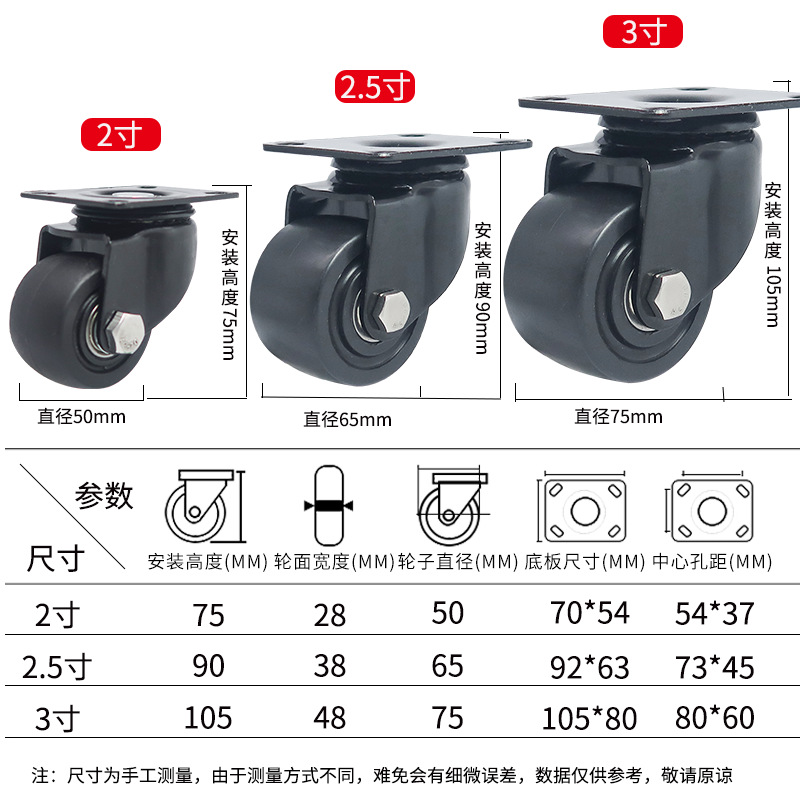 批发低重心脚轮万向轮重型1寸2寸2.5寸3寸双轴承小轮子黑色牛仔轮详情4