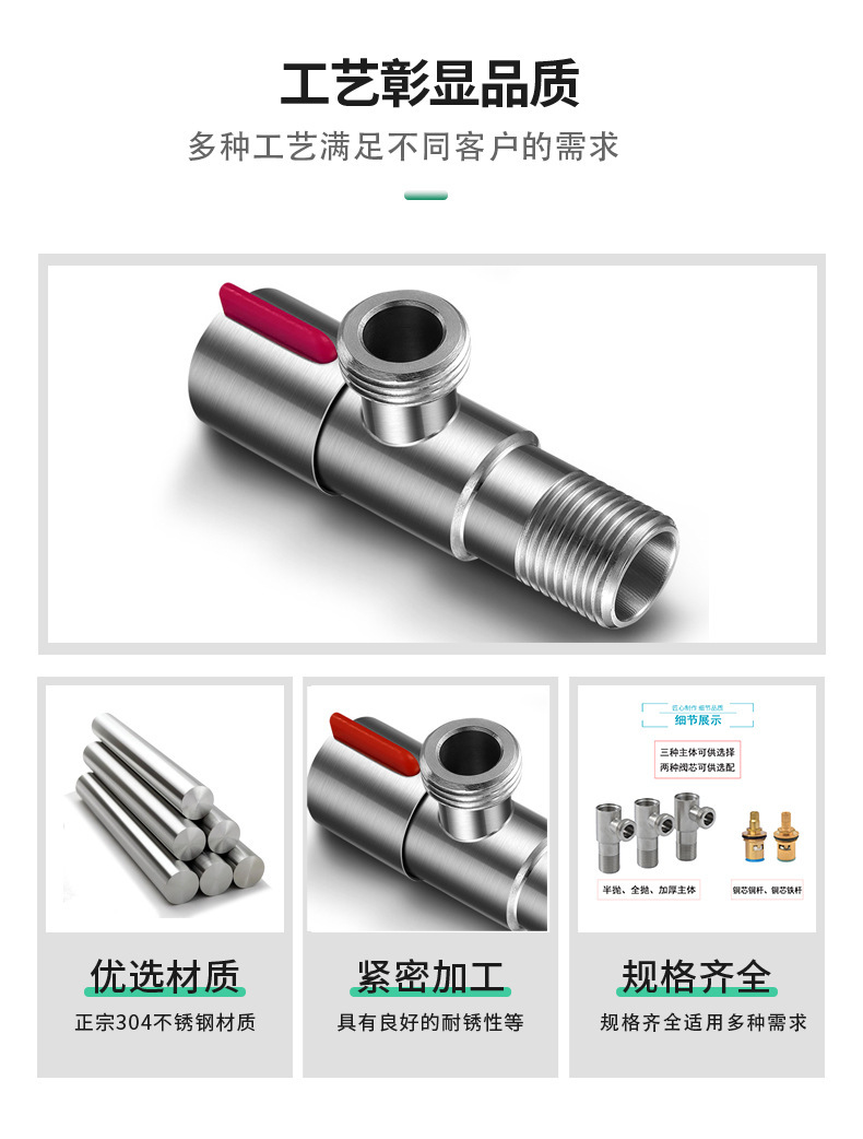 304不锈钢角阀热水器全铜三角阀止水阀一进二出八字阀大流量角阀详情5