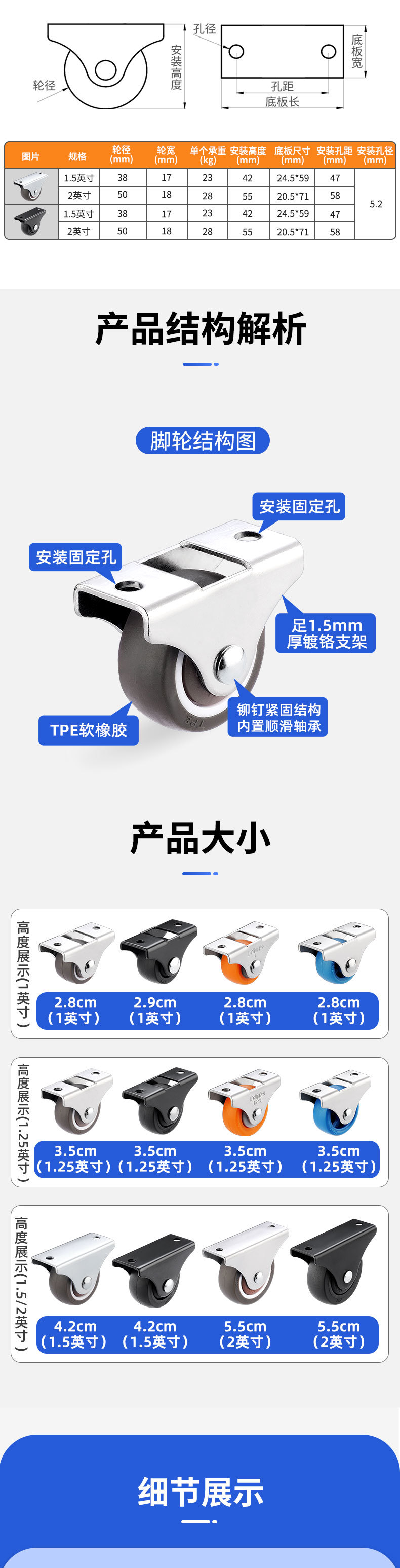 1英寸静音小型橡胶定向轮榻榻米抽屉床头柜脚轮滑轮轴承轮子批发详情4