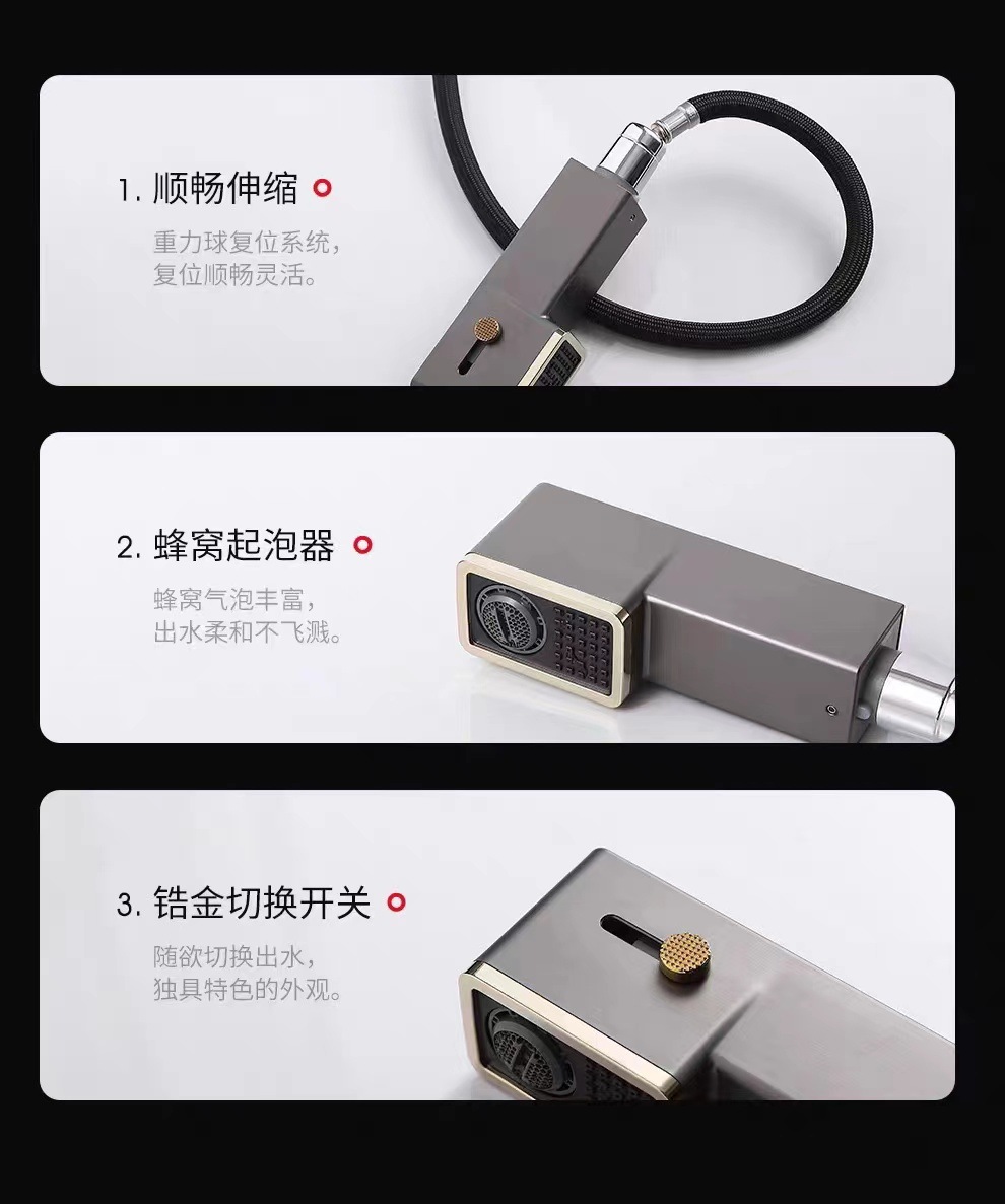 数显枪灰色抽拉式冷热水龙头可旋转升降多功能出水模式浴室柜面盆详情11