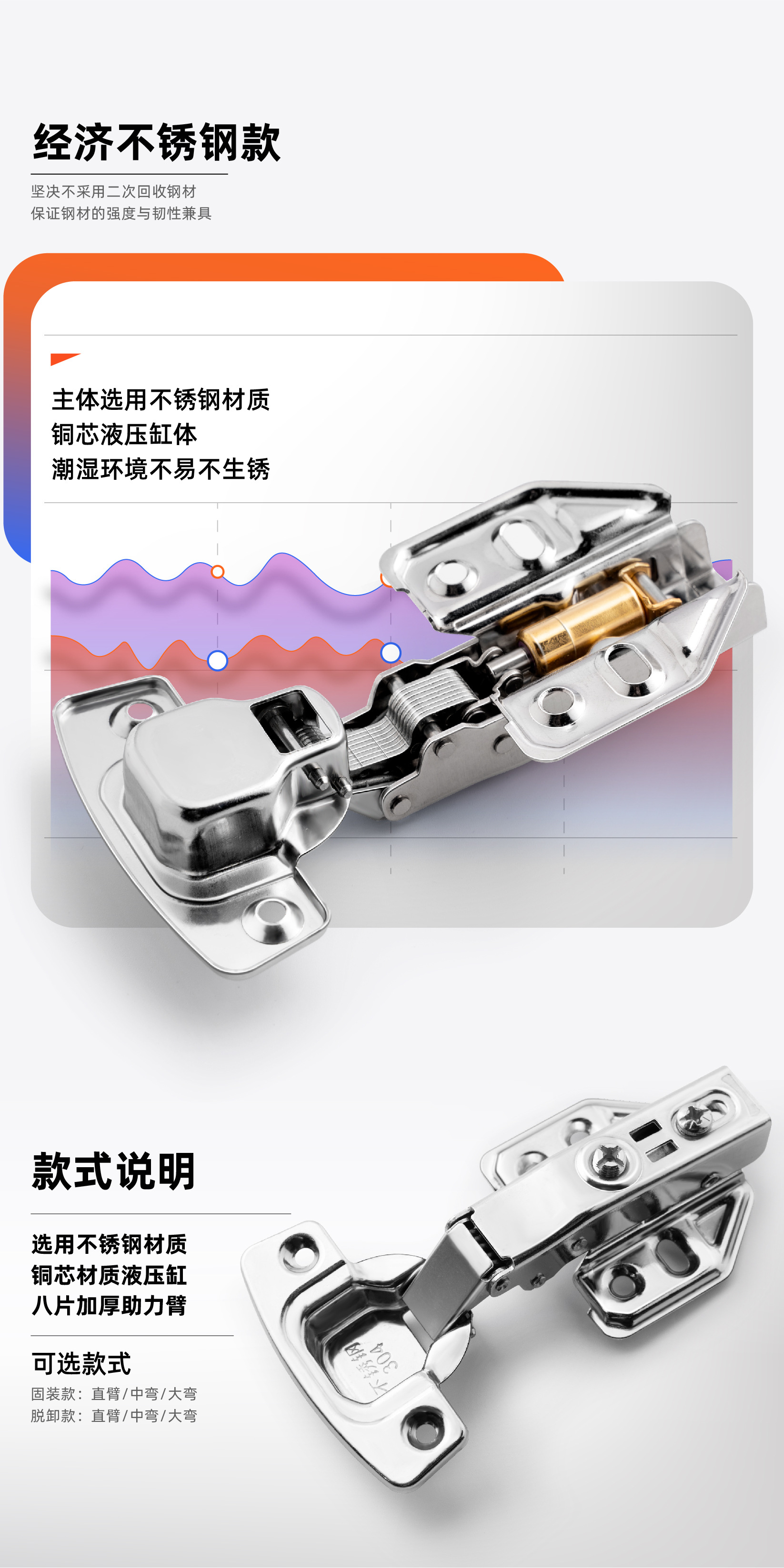 橱柜柜门304不锈钢铰链缓冲阻尼液压加厚二段力飞机合页五金配件详情8