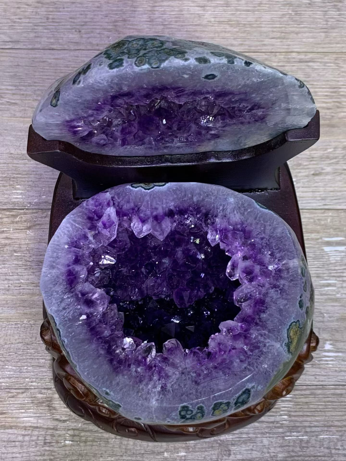 天然紫水晶摆件 精雕木质底座 家居装饰品详情图5