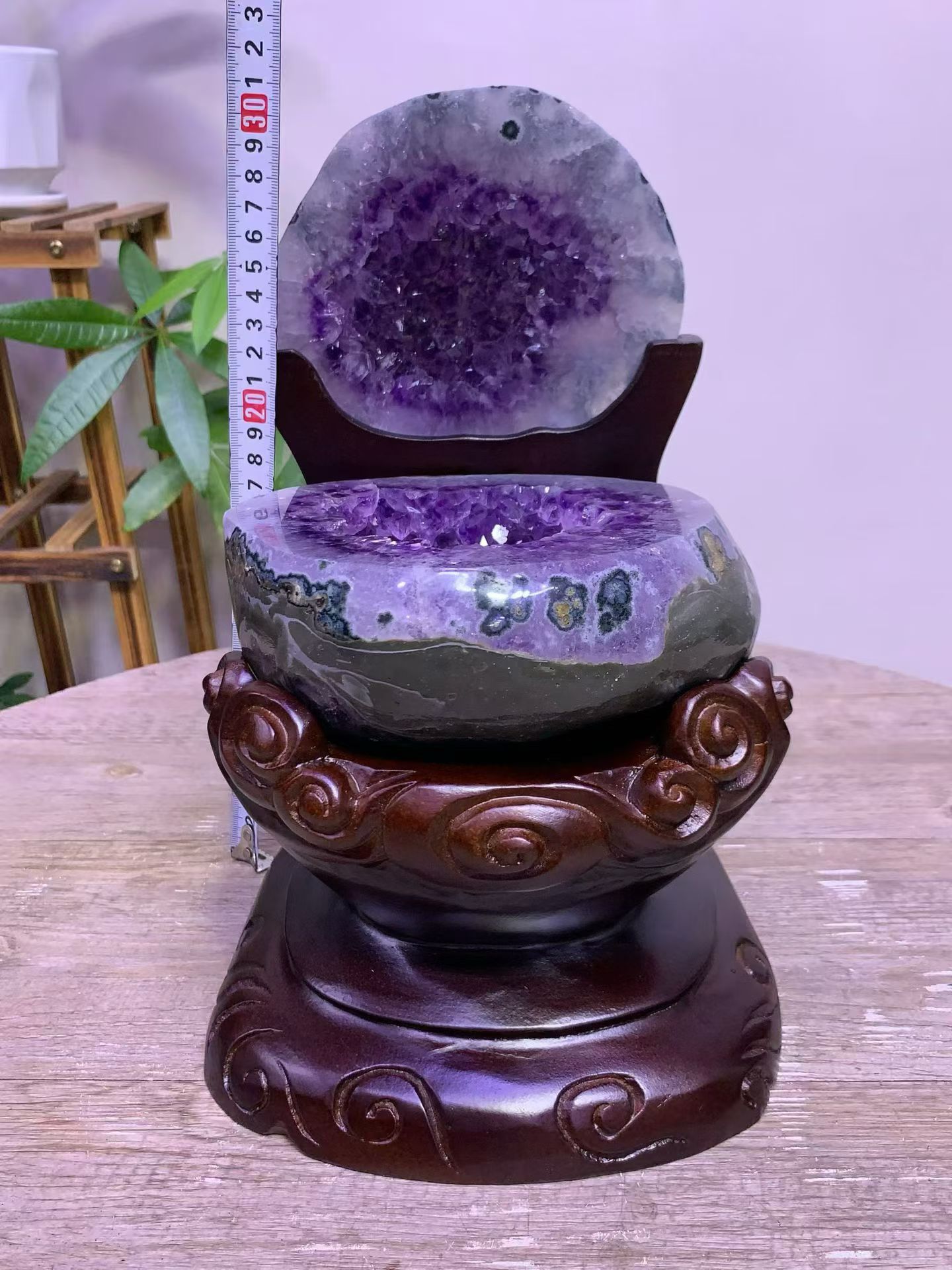 天然紫水晶摆件 精雕木质底座 家居装饰品详情图2