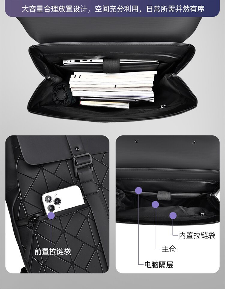 跨境菱格商务双肩包男大容量防水通勤电脑包时尚背包大学生书包详情图6