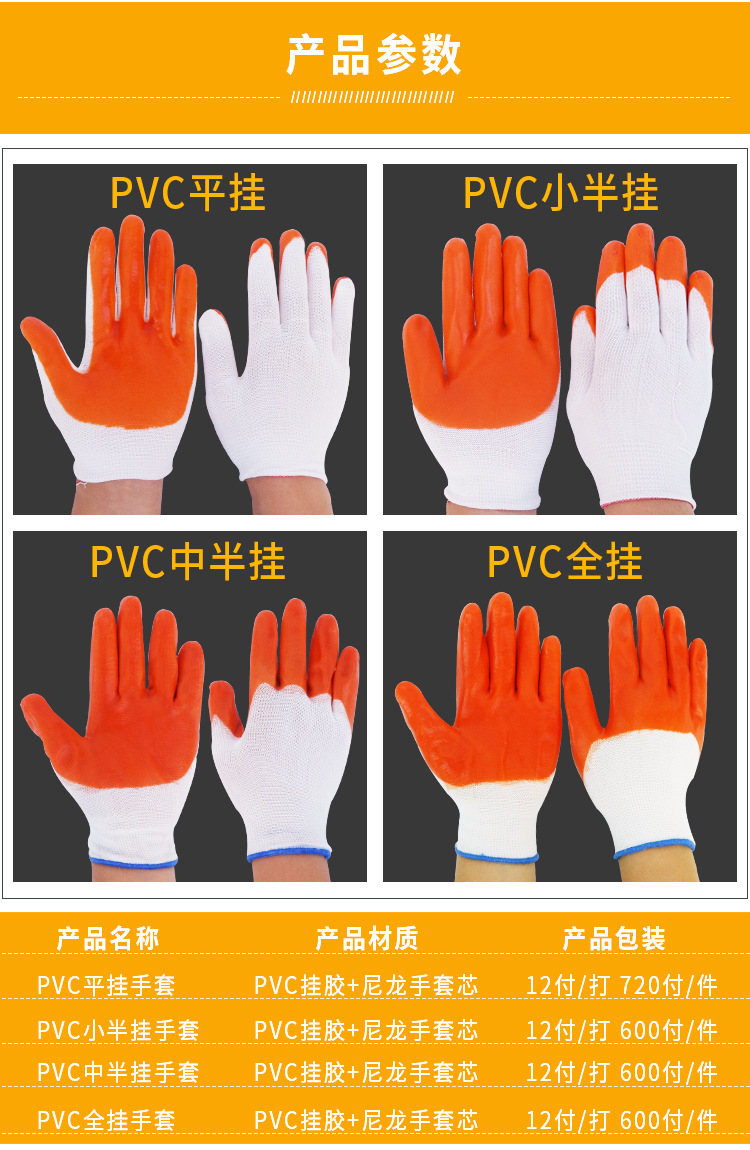 挂胶手套园艺批发PVC小平挂中半挂大半全十三针浸胶手套手部防滑详情图4