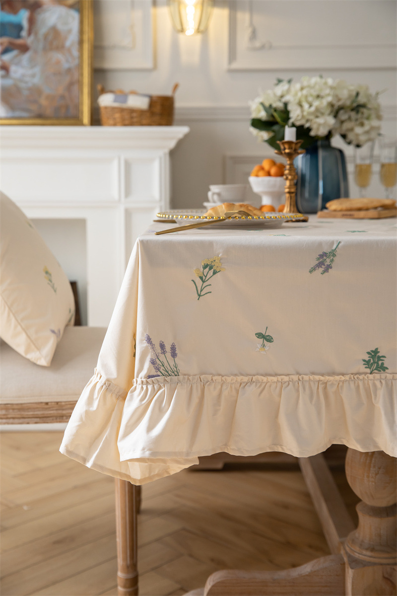 轻奢全棉杏色绣花花草裙摆褶皱荷叶木耳边圆形茶几台布餐桌布代发 桌布 餐桌用 机织 棉制详情图29